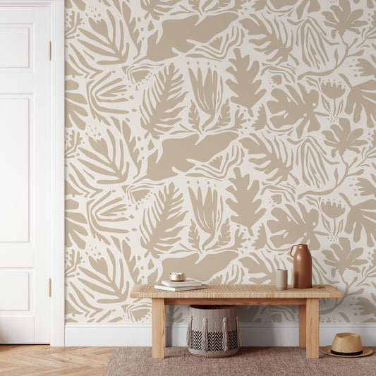 Neutral Leaf Abstract Wallpaper Boho Wallpaper Peel and Stick and Traditional Wallpaper - D665