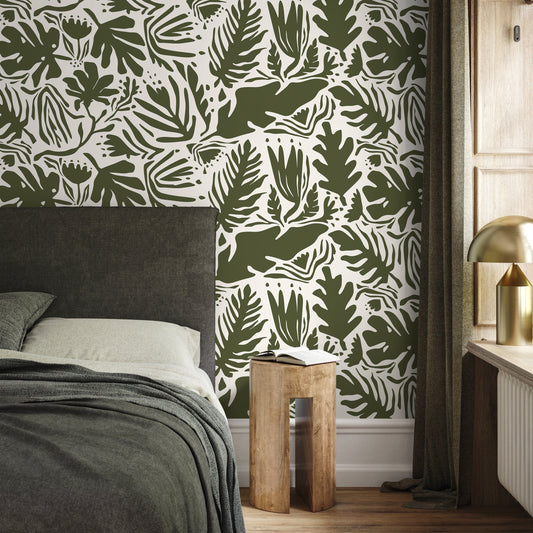 Dark Green Leaf Abstract Wallpaper Boho Wallpaper Peel and Stick and Traditional Wallpaper - D667