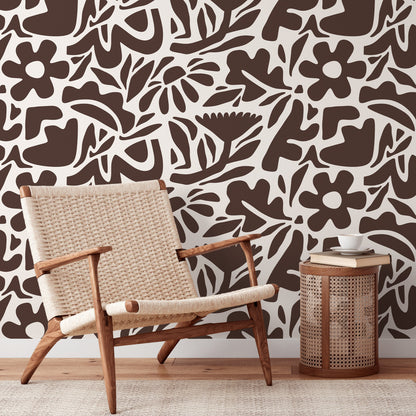 Brown Abstract Wallpaper Boho Floral Wallpaper Peel and Stick and Traditional Wallpaper - D673
