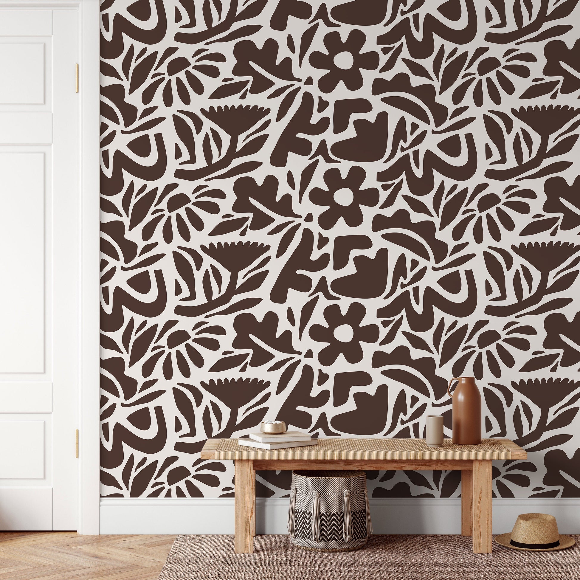 Brown Abstract Wallpaper Boho Floral Wallpaper Peel and Stick and Traditional Wallpaper - D673