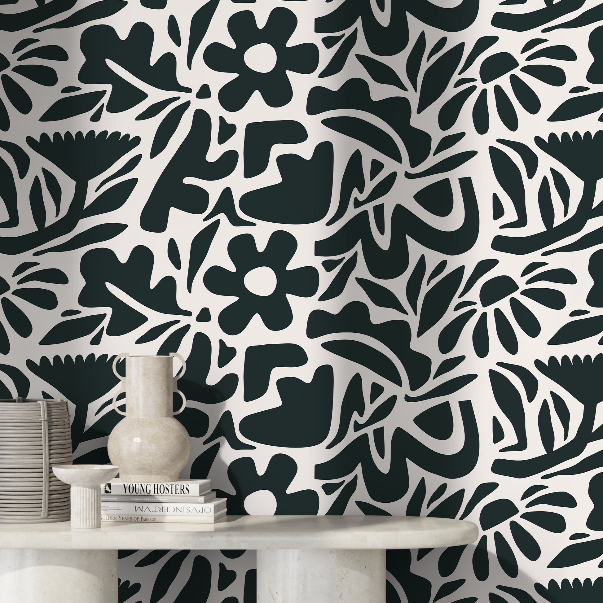 Dark Green Abstract Wallpaper Boho Floral Wallpaper Peel and Stick and Traditional Wallpaper - D675