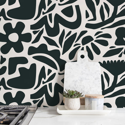 Dark Green Abstract Wallpaper Boho Floral Wallpaper Peel and Stick and Traditional Wallpaper - D675