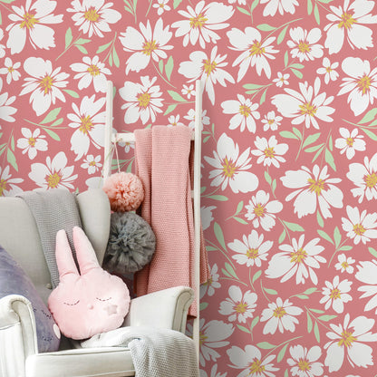 Pink Floral Daisies Wallpaper / Peel and Stick Wallpaper Removable Wallpaper Home Decor Wall Art Wall Decor Room Decor - C691