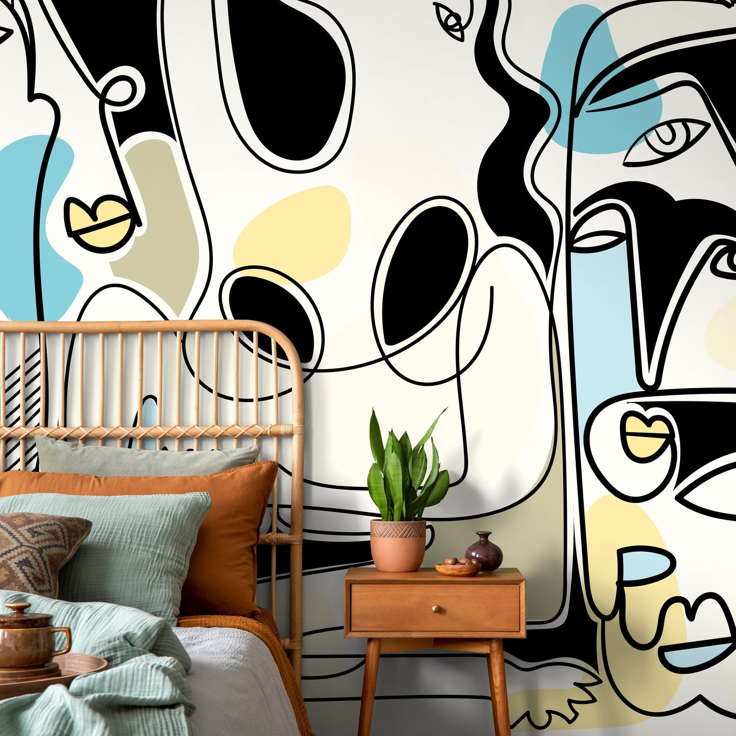Line Art Faces Mural Abstract Wallpaper Hand Drawing Wallpaper Peel and Stick Wallpaper Home Decor - D591