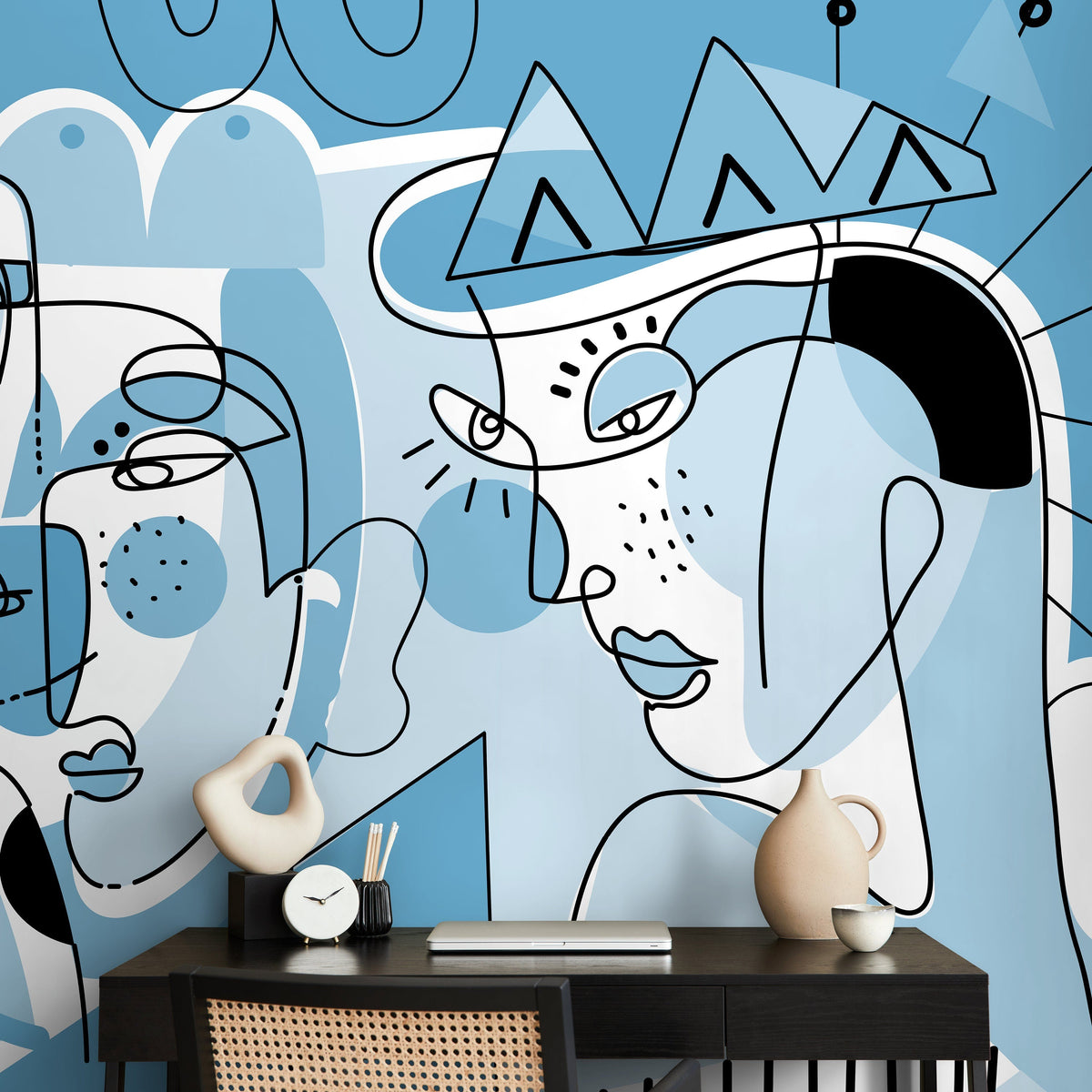 Light Blue Abstract Mural Line Art Wallpaper Peel and Stick Wallpaper Home Decor - D606