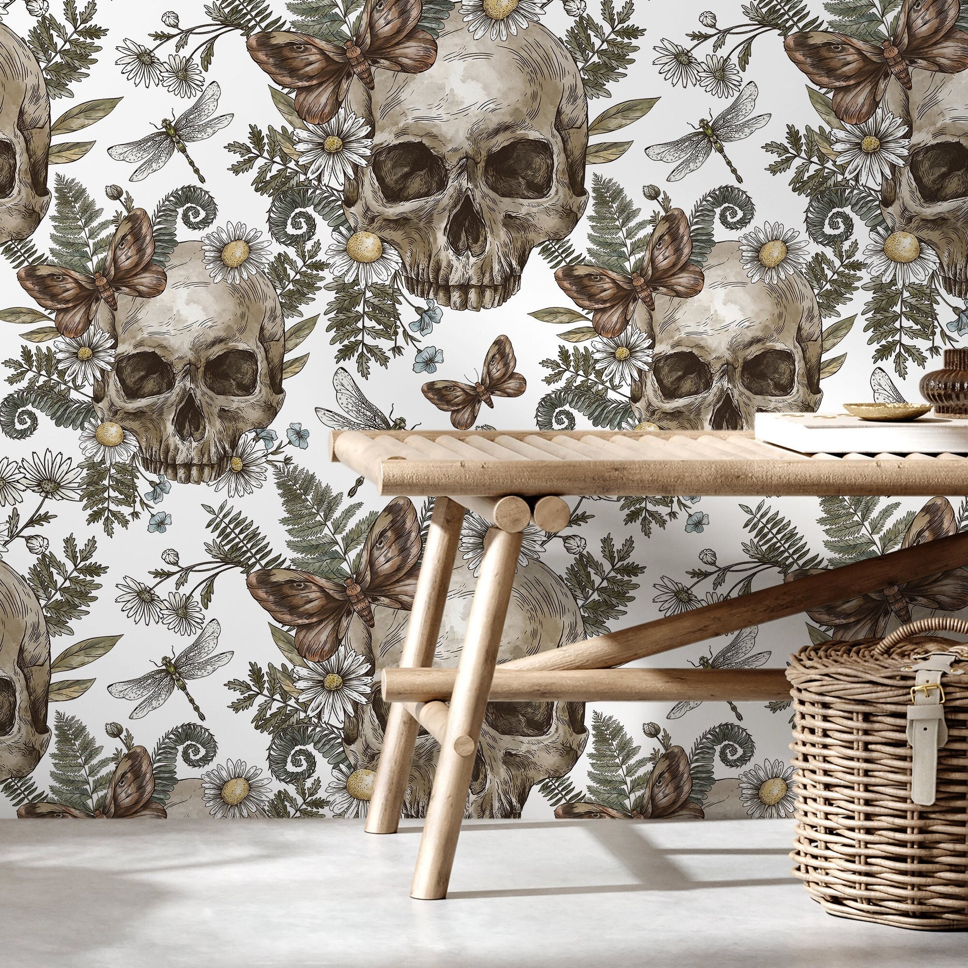 Skulls and Fern Wallpaper Vintage Floral Wallpaper Peel and Stick and Traditional Wallpaper - D828