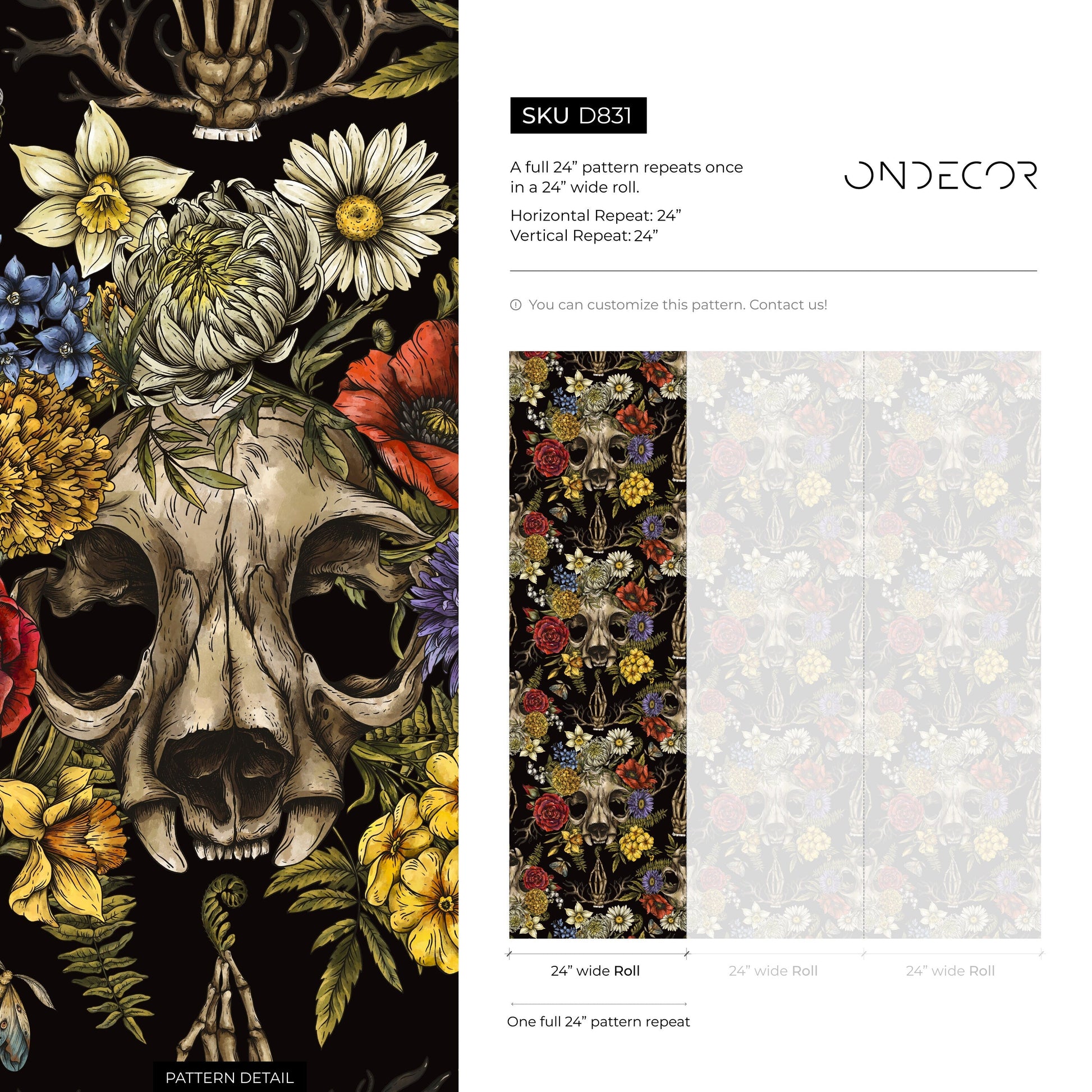 Dark Floral Wallpaper Skull and Peony Wallpaper Peel and Stick and Traditional Wallpaper - D831