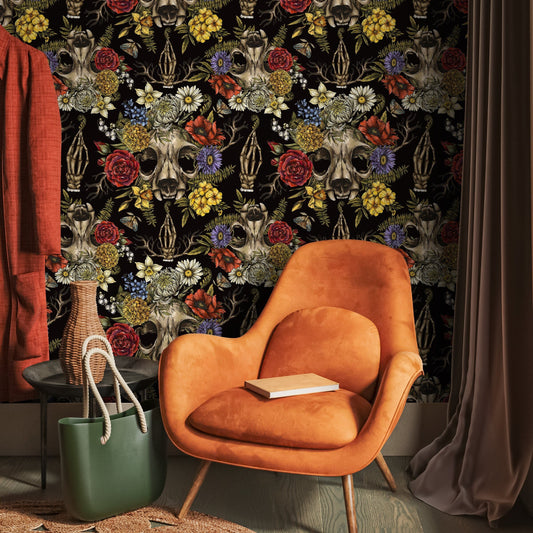 Dark Floral Wallpaper Skull and Peony Wallpaper Peel and Stick and Traditional Wallpaper - D831