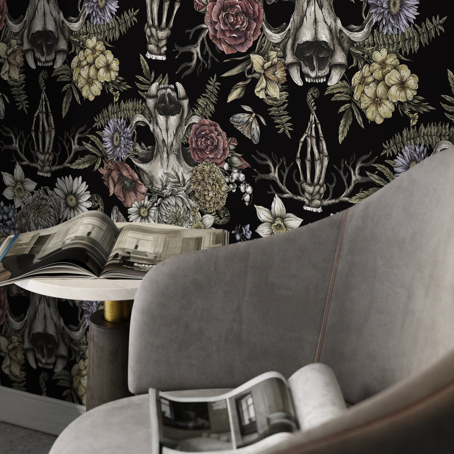 Gothic and Floral Wallpaper Skull and Peony Wallpaper Peel and Stick and Traditional Wallpaper - D832
