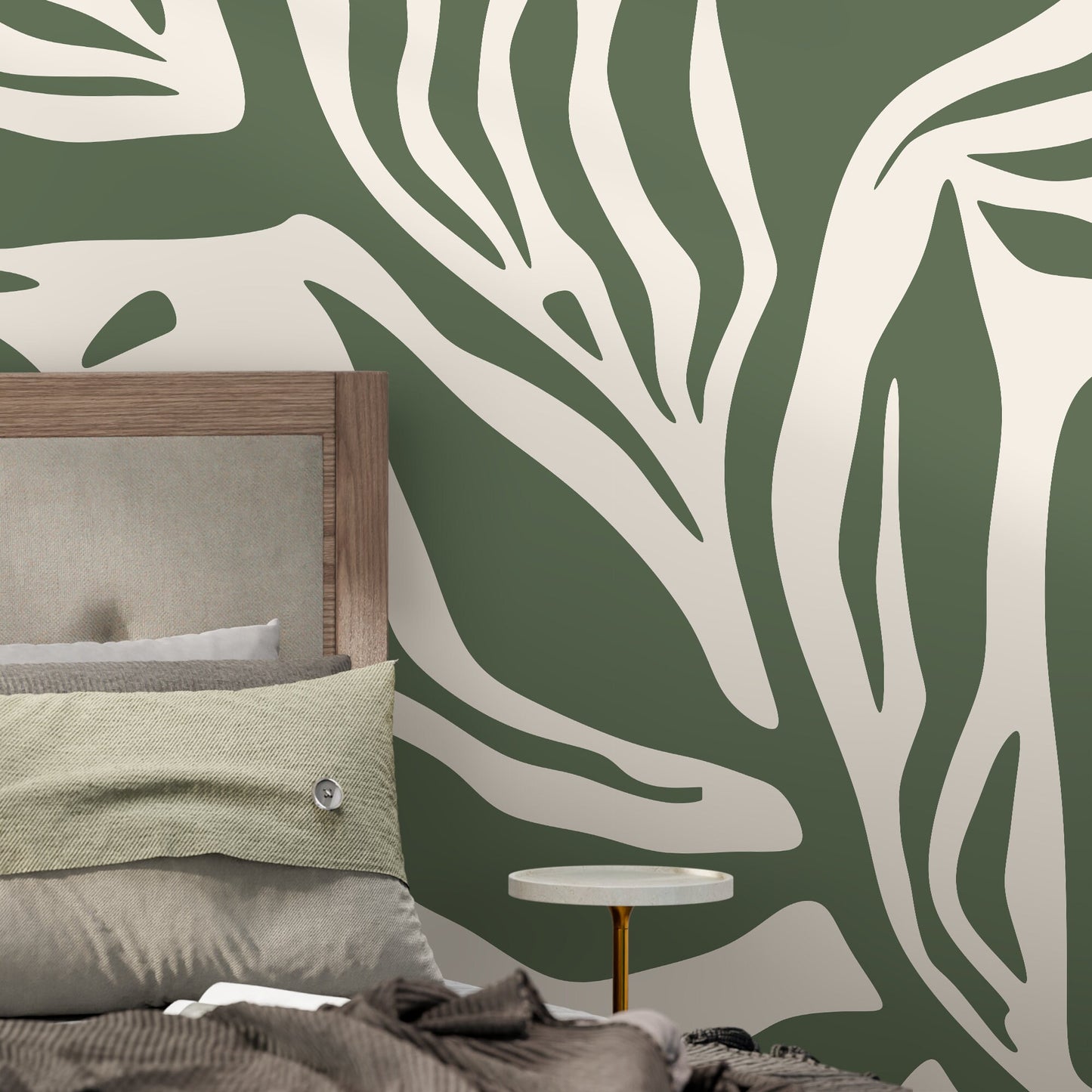 Olive Green Abstract Art Wallpaper Large Boho Wallpaper Peel and Stick and Traditional Wallpaper - D628