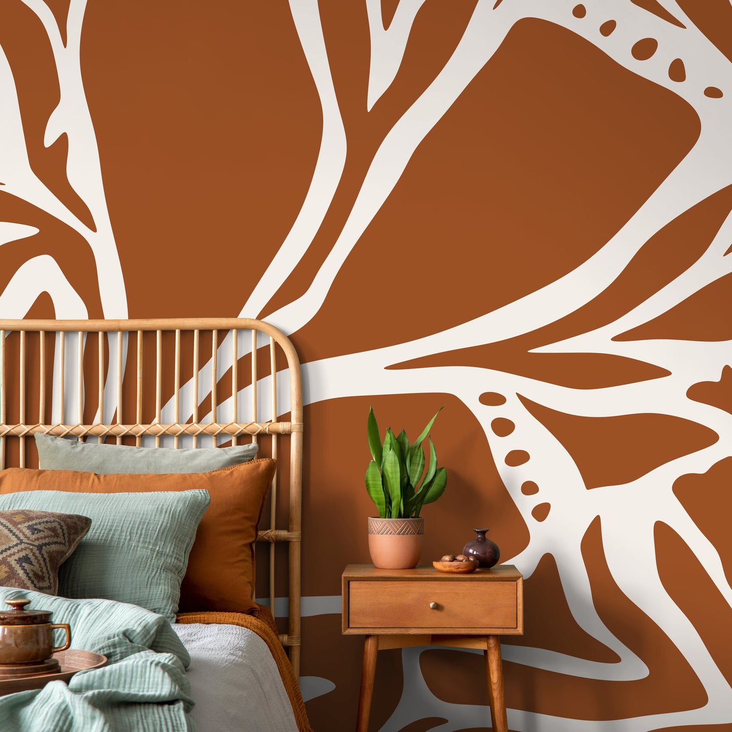 Orange Abstract Art Wallpaper Large Boho Wallpaper Peel and Stick and Traditional Wallpaper - D638