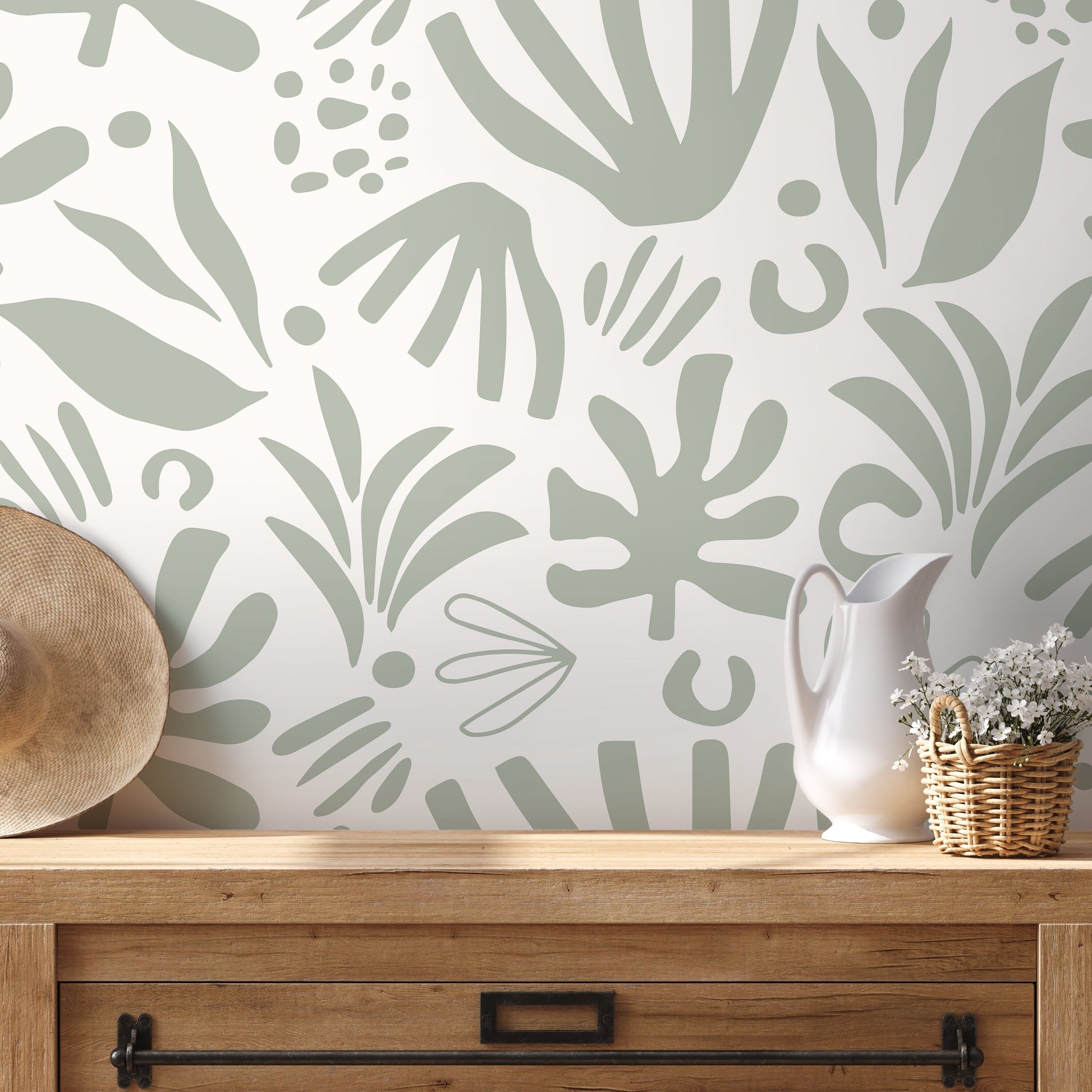 Light Green Abstract Leaf Wallpaper Boho Wallpaper Peel and Stick and Traditional Wallpaper - D681