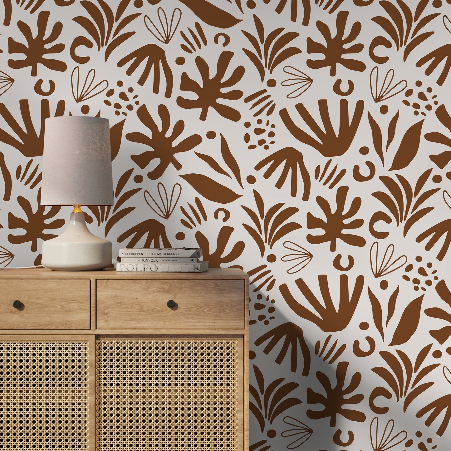 Brown Abstract Leaf Wallpaper Boho Wallpaper Peel and Stick and Traditional Wallpaper - D682