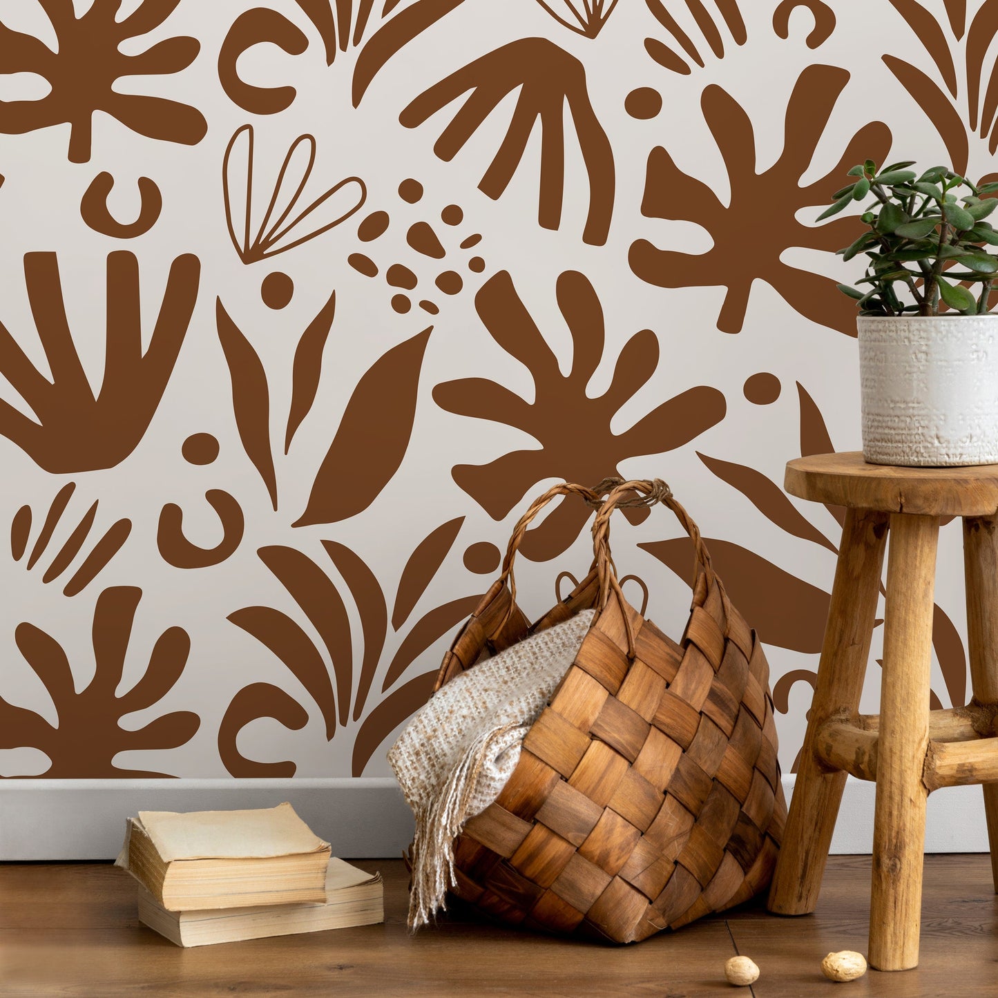 Brown Abstract Leaf Wallpaper Boho Wallpaper Peel and Stick and Traditional Wallpaper - D682
