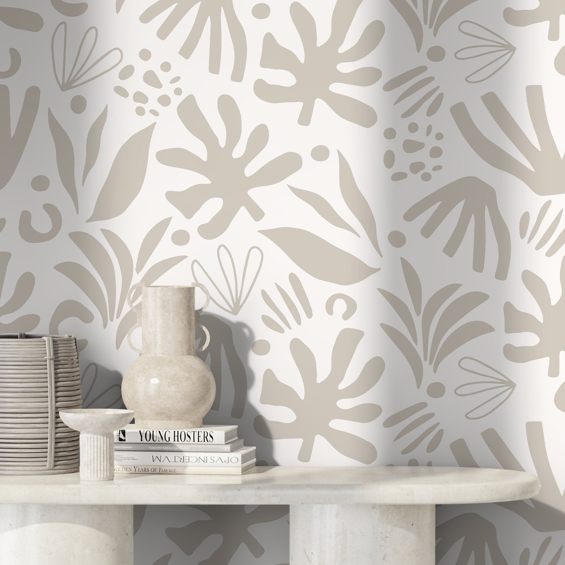 Neutral Abstract Leaf Wallpaper Boho Wallpaper Peel and Stick and Traditional Wallpaper - D685