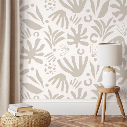 Neutral Abstract Leaf Wallpaper Boho Wallpaper Peel and Stick and Traditional Wallpaper - D685