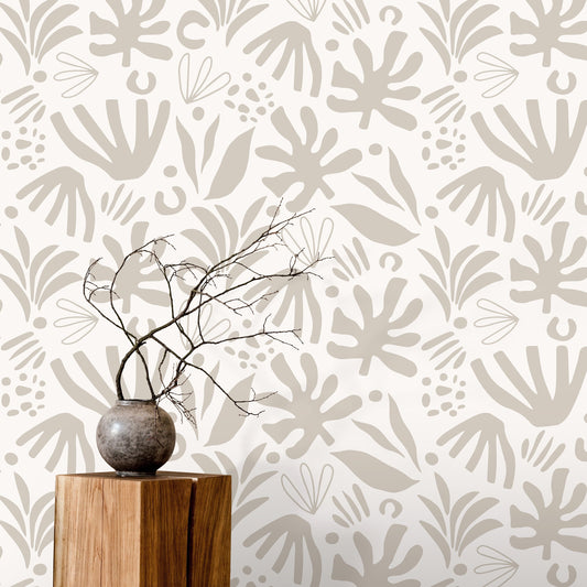 Neutral Abstract Leaf Wallpaper Boho Wallpaper Peel and Stick and Traditional Wallpaper - D685