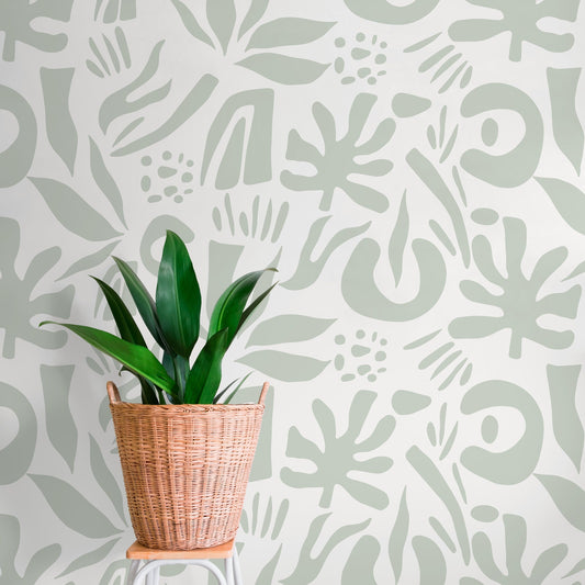 Mint Abstract Leaf Wallpaper Boho Wallpaper Peel and Stick and Traditional Wallpaper - D687