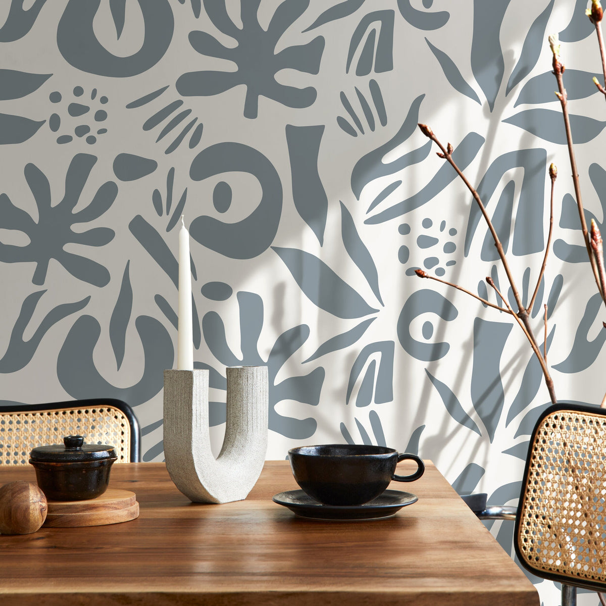 Gray Blue Abstract Leaf Wallpaper Boho Wallpaper Peel and Stick and Traditional Wallpaper - D688