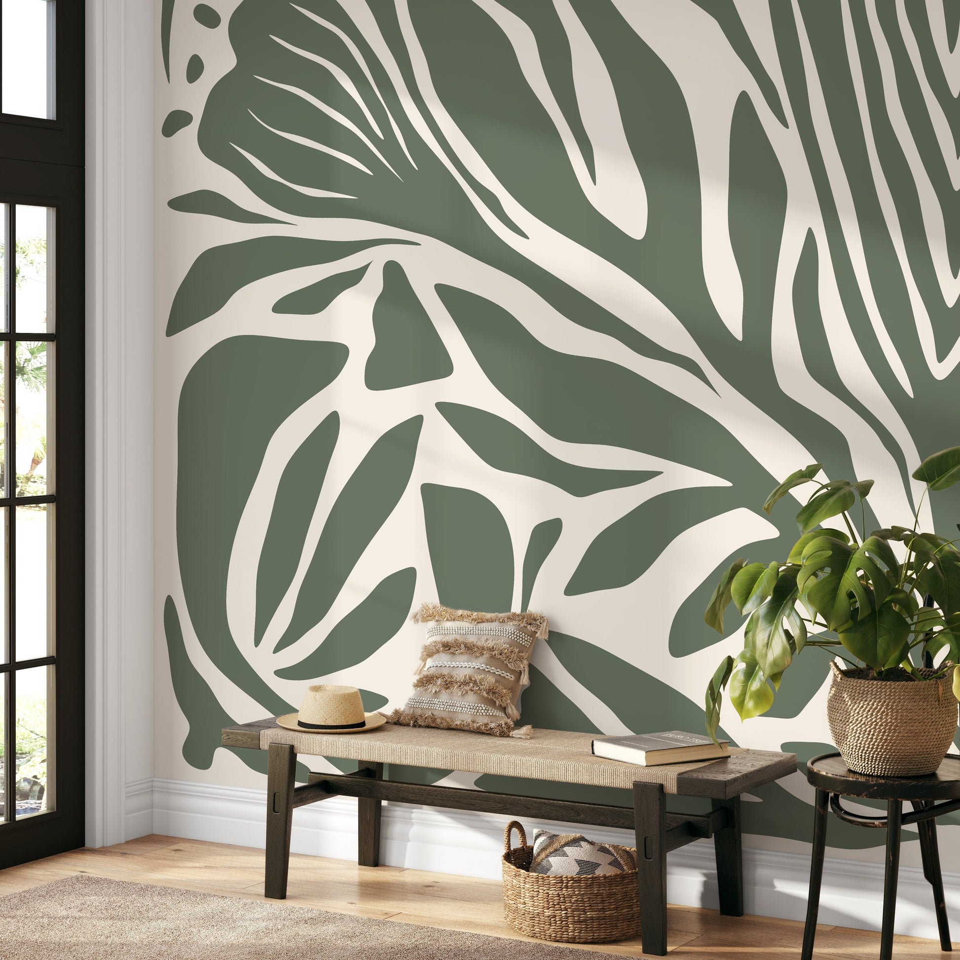 Olive Green Abstract Wallpaper Contemporary Mural Peel and Stick and Traditional Wallpaper - D691