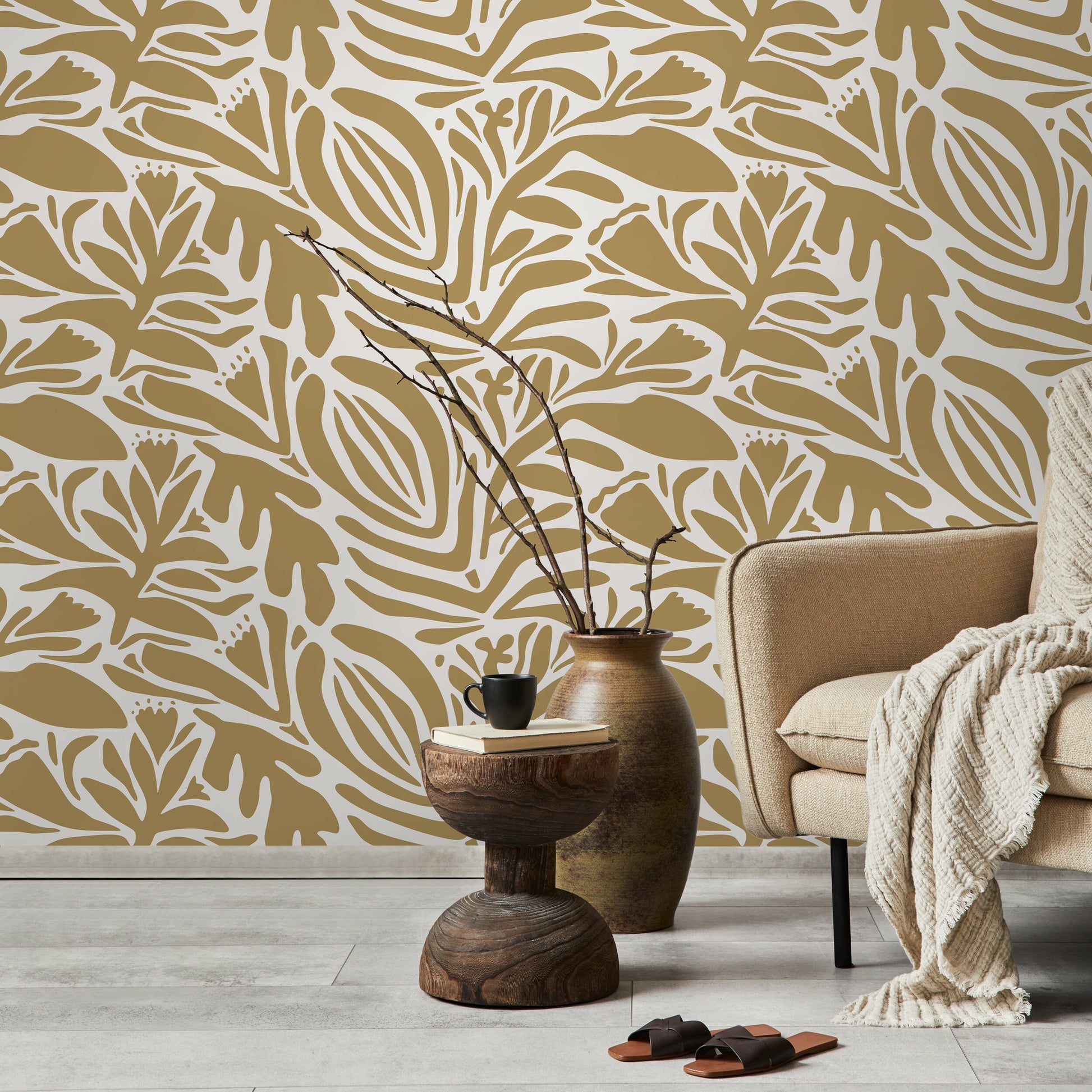 Mustard Floral Wallpaper Abstract Wallpaper Peel and Stick and Traditional Wallpaper - D702