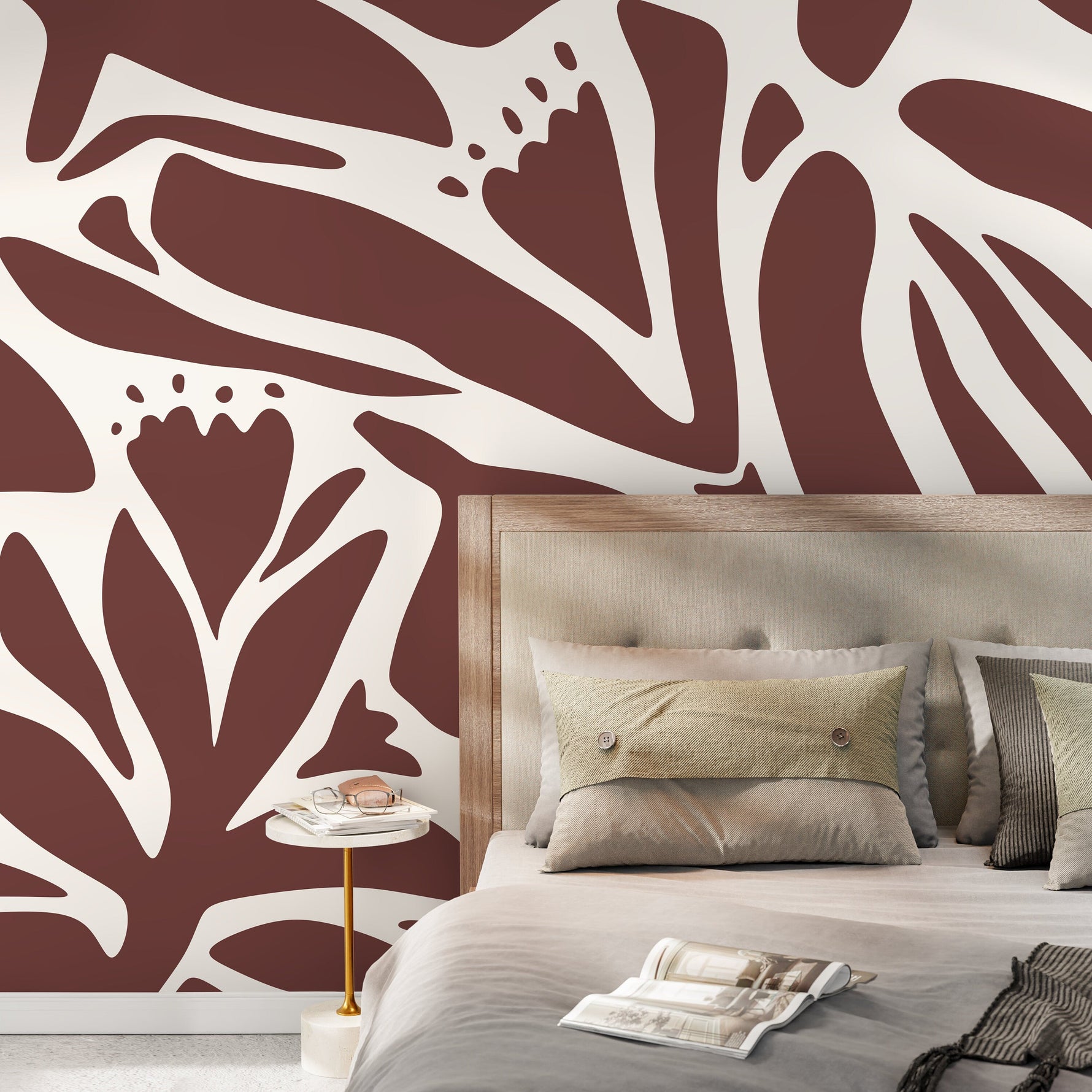 Brown Floral Mural Abstract Wallpaper Peel and Stick and Traditional Wallpaper - D704