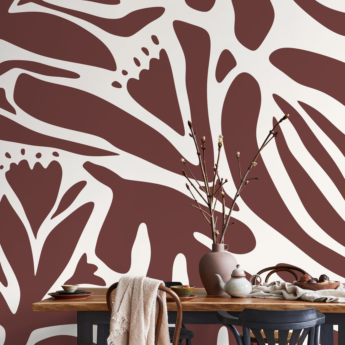 Brown Floral Mural Abstract Wallpaper Peel and Stick and Traditional Wallpaper - D704