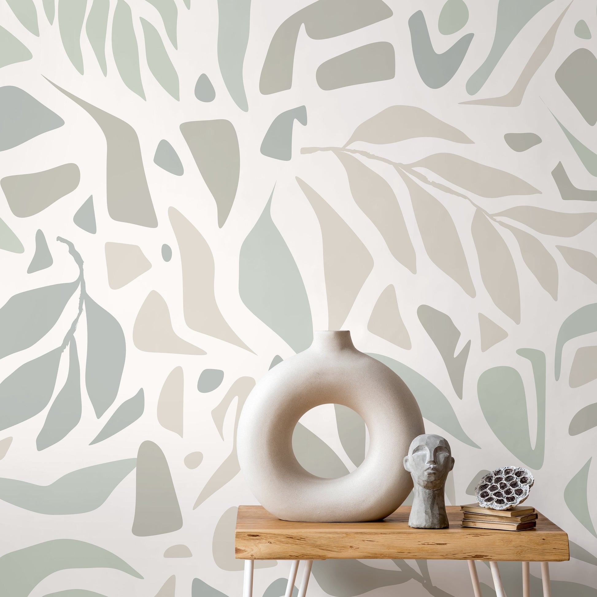 Neutral Leaf Wallpaper Abstract Wallpaper Peel and Stick and Traditional Wallpaper - D724