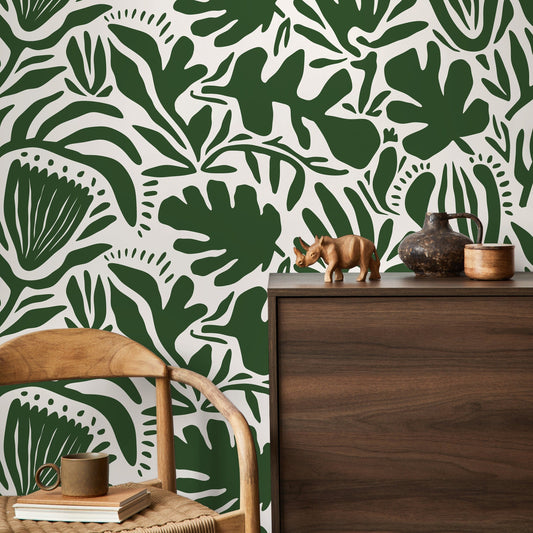 Olive Green Floral Wallpaper Abstract Wallpaper Peel and Stick and Traditional Wallpaper - D706