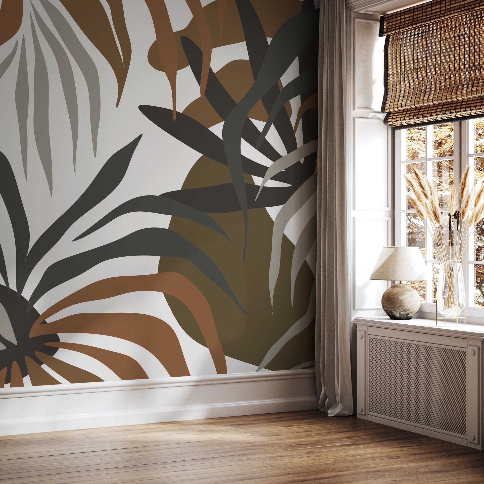 Tropical Leaves Mural Boho Wallpaper Peel and Stick and Traditional Wallpaper - D714