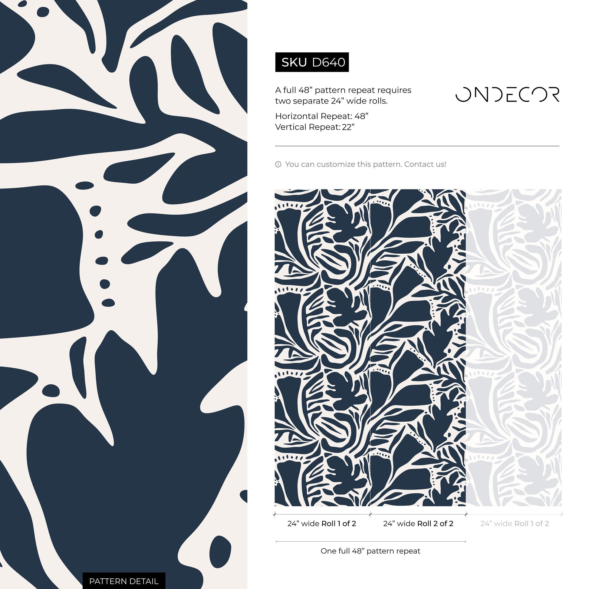 Navy Abstract Leaf Wallpaper Modern Wallpaper Peel and Stick and Traditional Wallpaper - D640