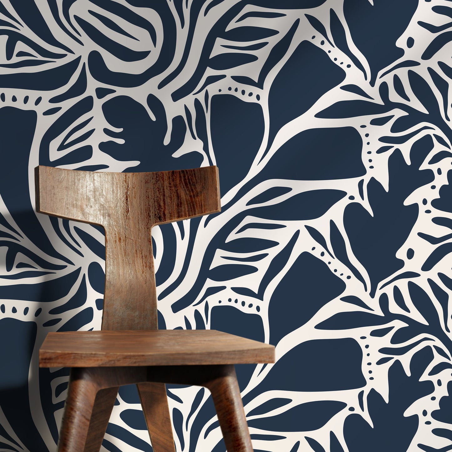 Navy Abstract Leaf Wallpaper Modern Wallpaper Peel and Stick and Traditional Wallpaper - D640