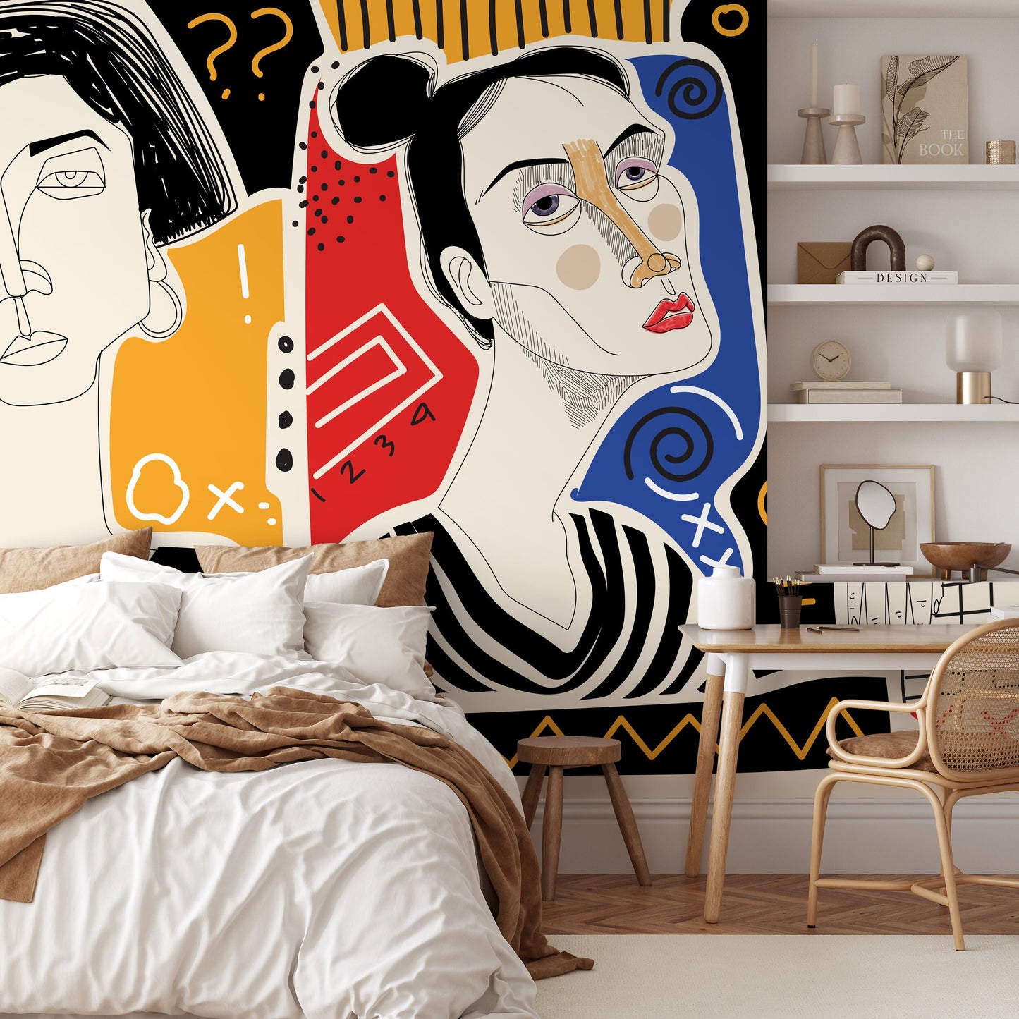 Colorful Abstract Mural Modern Wallpaper Woman Faces Hand Drawing Wallpaper Peel and Stick Wallpaper Home Decor - D579
