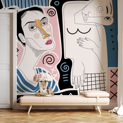 Unique Abstract Mural Modern Wallpaper Woman Faces Hand Drawing Wallpaper Peel and Stick Wallpaper Home Decor - D580