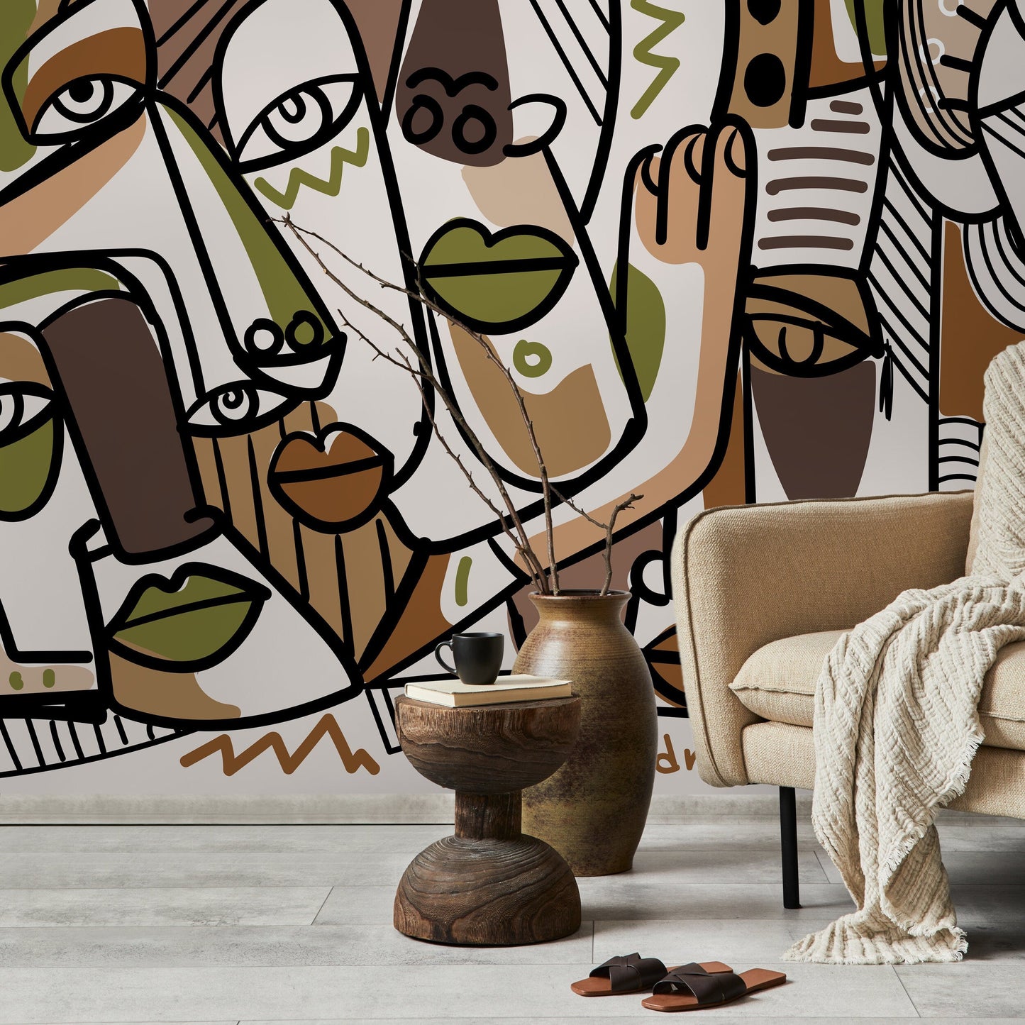 Abstract Mural Line Art Faces Wallpaper Modern Wallpaper Hand Drawing Wallpaper Peel and Stick Wallpaper Home Decor - D581