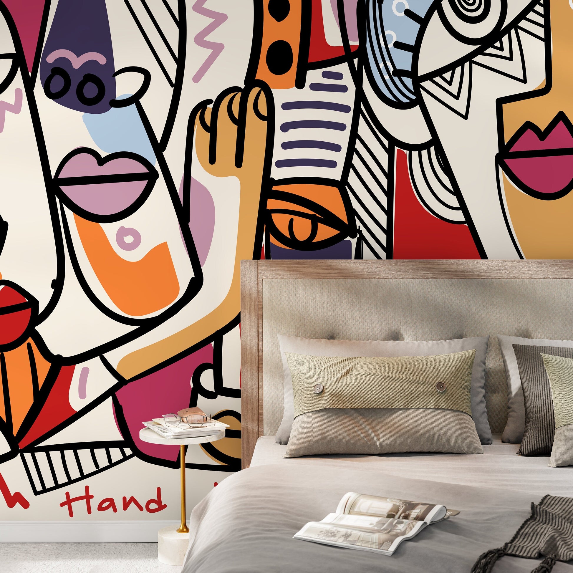 Colorful Abstract Mural Line Art Faces Wallpaper Hand Drawing Wallpaper Peel and Stick Wallpaper Home Decor - D582