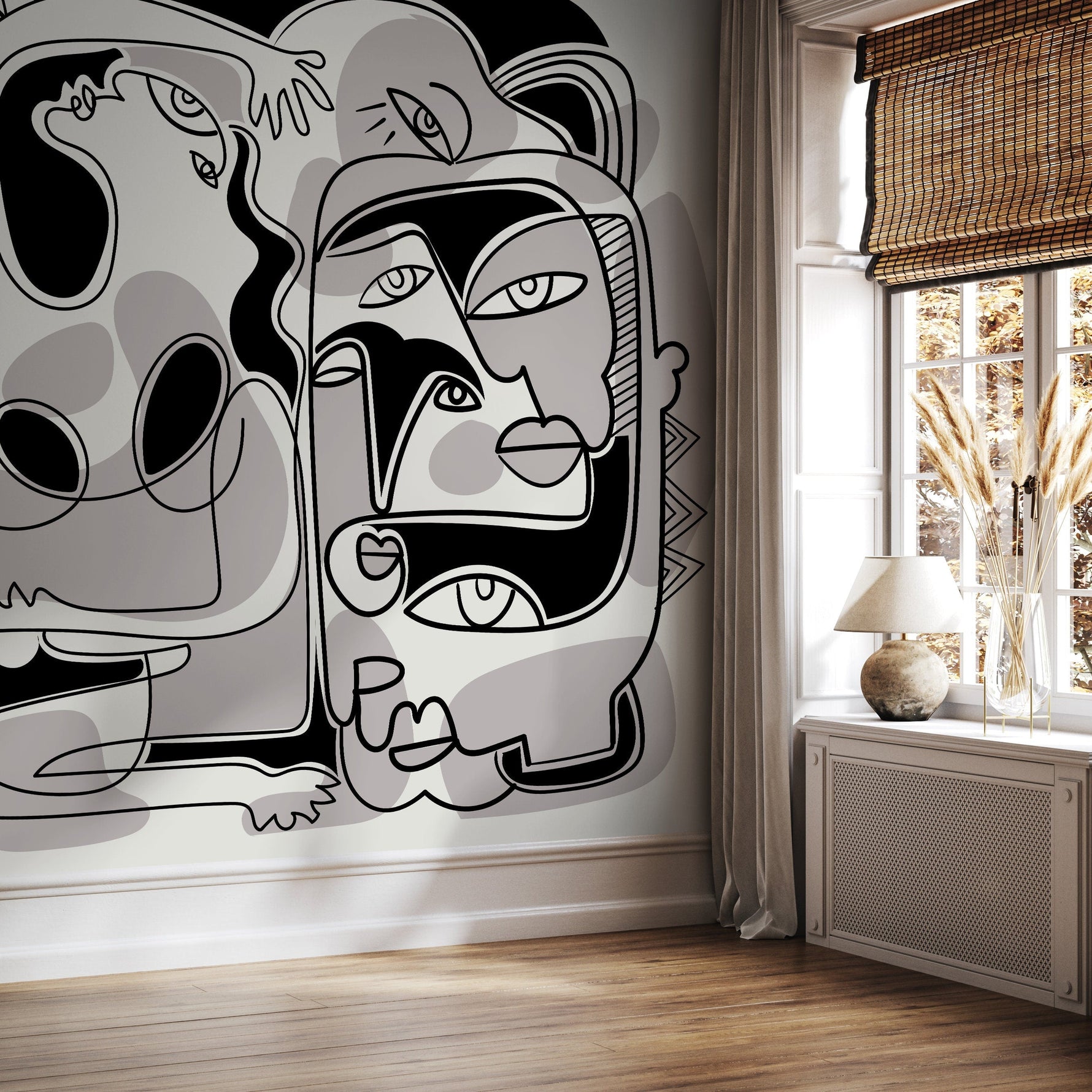 Black and Grey Line Art Mural Abstract Wallpaper Hand Drawing Wallpaper Peel and Stick Wallpaper Home Decor - D588