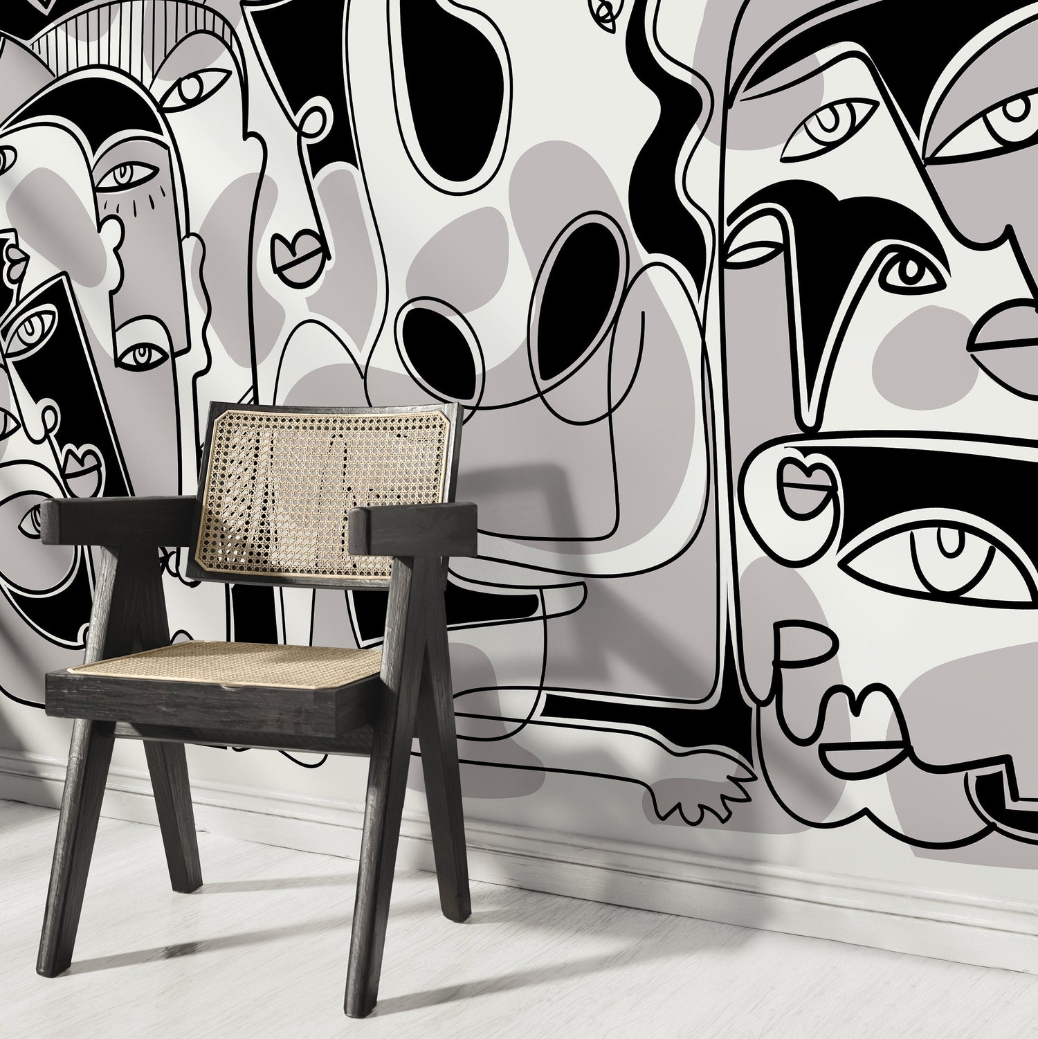 Black and Grey Line Art Mural Abstract Wallpaper Hand Drawing Wallpaper Peel and Stick Wallpaper Home Decor - D588