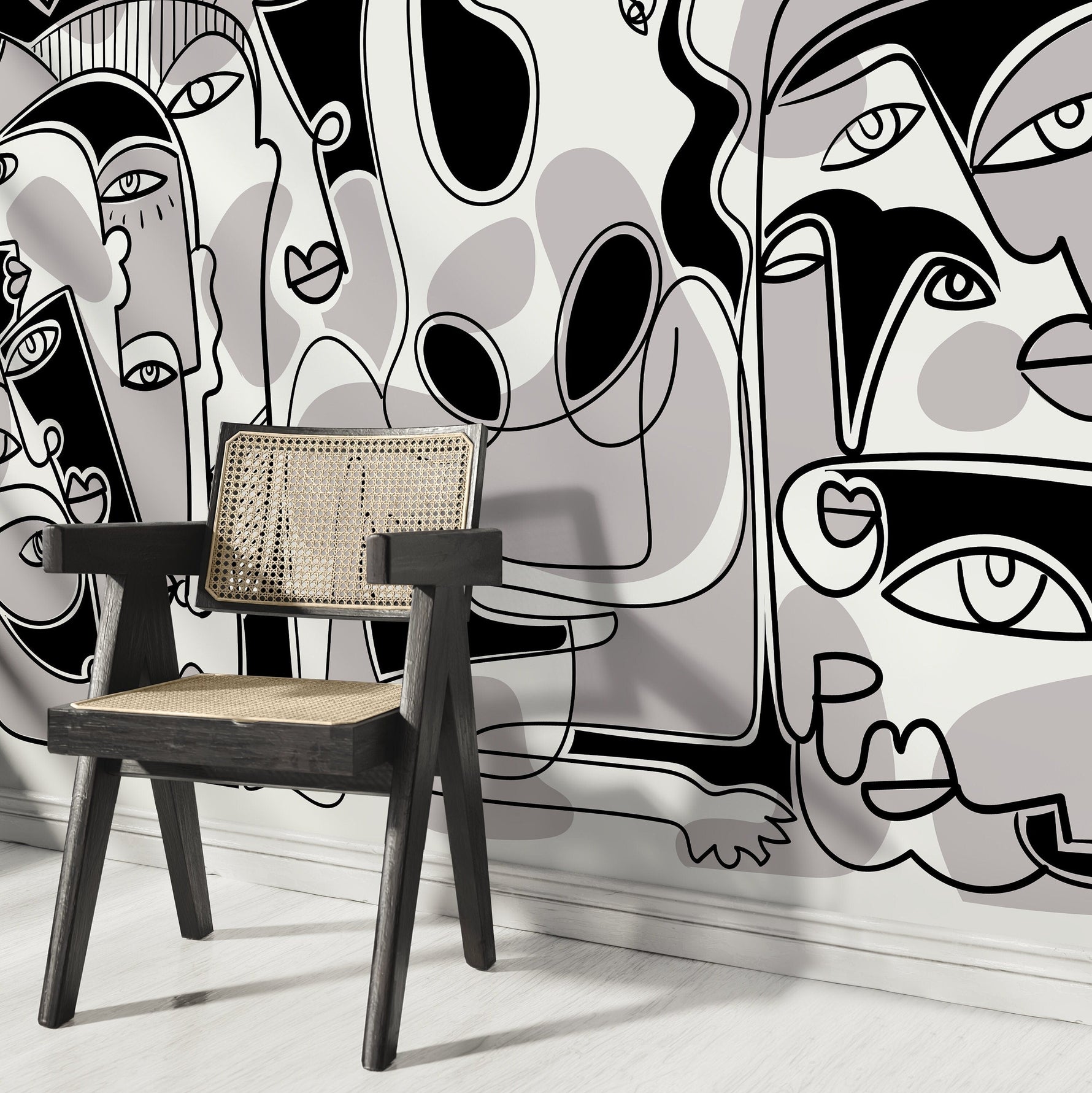Black and Grey Line Art Mural Abstract Wallpaper Hand Drawing Wallpaper Peel and Stick Wallpaper Home Decor - D588