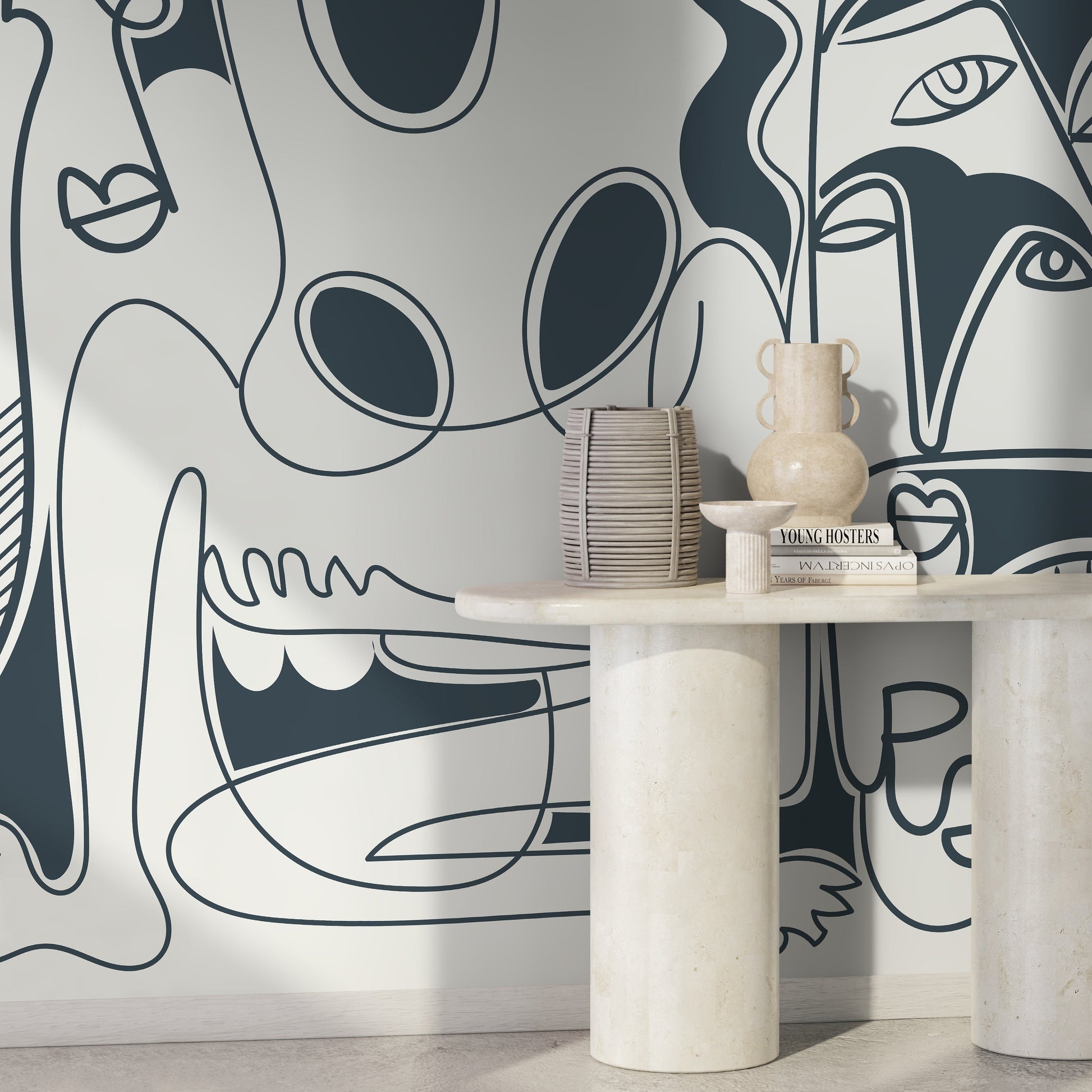 Grey Line Art Mural Abstract Wallpaper Hand Drawing Wallpaper Peel and Stick Wallpaper Home Decor - D590