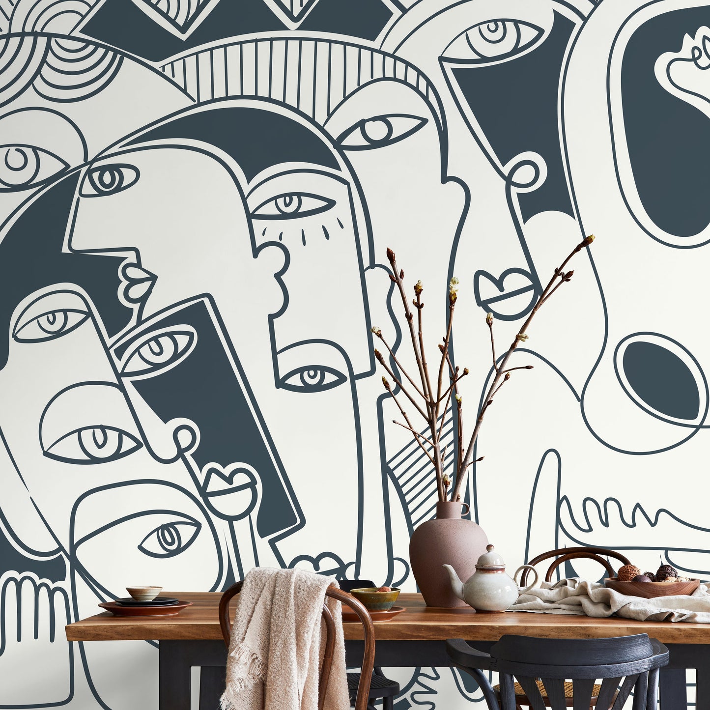 Grey Line Art Mural Abstract Wallpaper Hand Drawing Wallpaper Peel and Stick Wallpaper Home Decor - D590