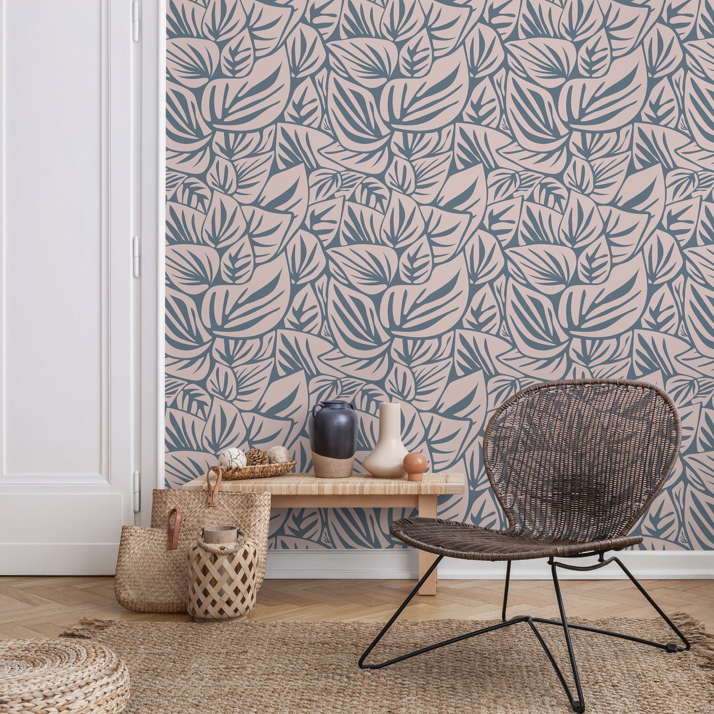Blue and Beige Leaf Wallpaper Modern Wallpaper Peel and Stick and Traditional Wallpaper - D652