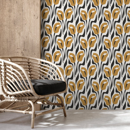 Retro Yellow Floral Wallpaper Vintage Wallpaper Peel and Stick and Traditional Wallpaper - D654