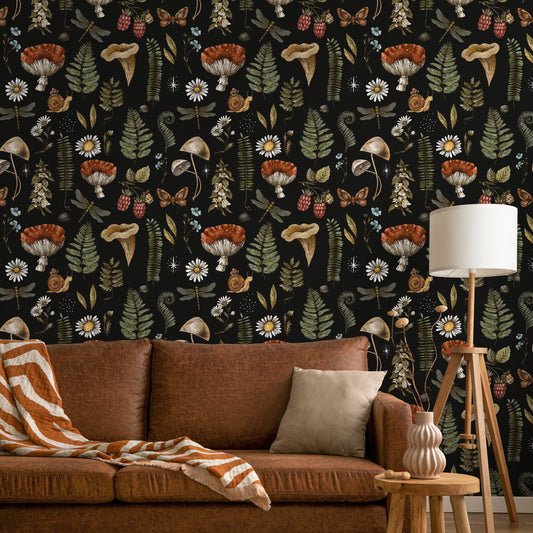Dark Mushroom Wallpaper Dark Botanical Wallpaper Peel and Stick and Traditional Wallpaper - D821