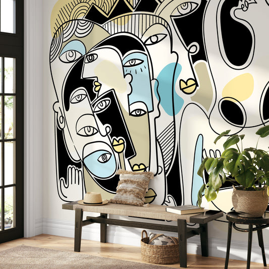 Line Art Faces Mural Abstract Wallpaper Hand Drawing Wallpaper Peel and Stick Wallpaper Home Decor - D591