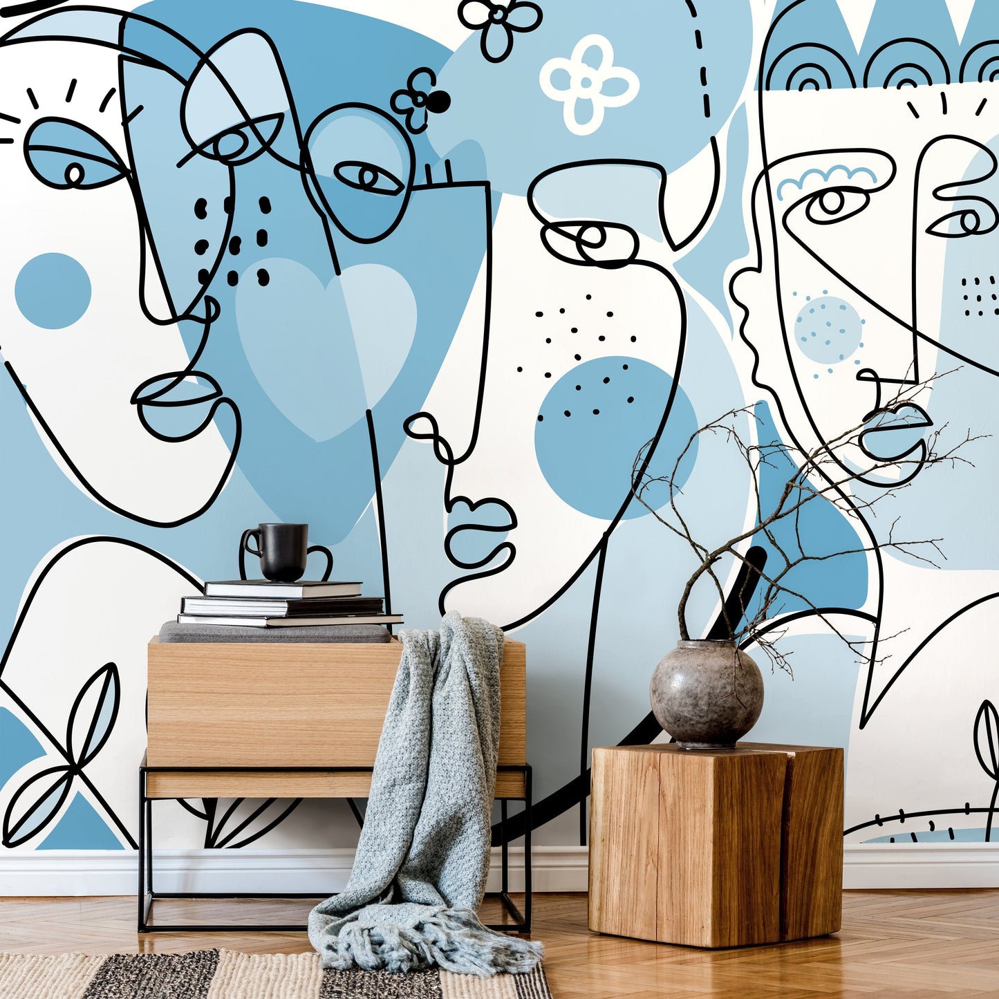Light Blue Abstract Mural Line Art Wallpaper Peel and Stick Wallpaper Home Decor - D606
