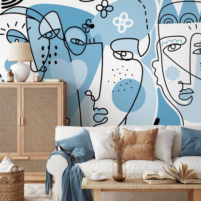 Light Blue Abstract Mural Line Art Wallpaper Peel and Stick Wallpaper Home Decor - D606