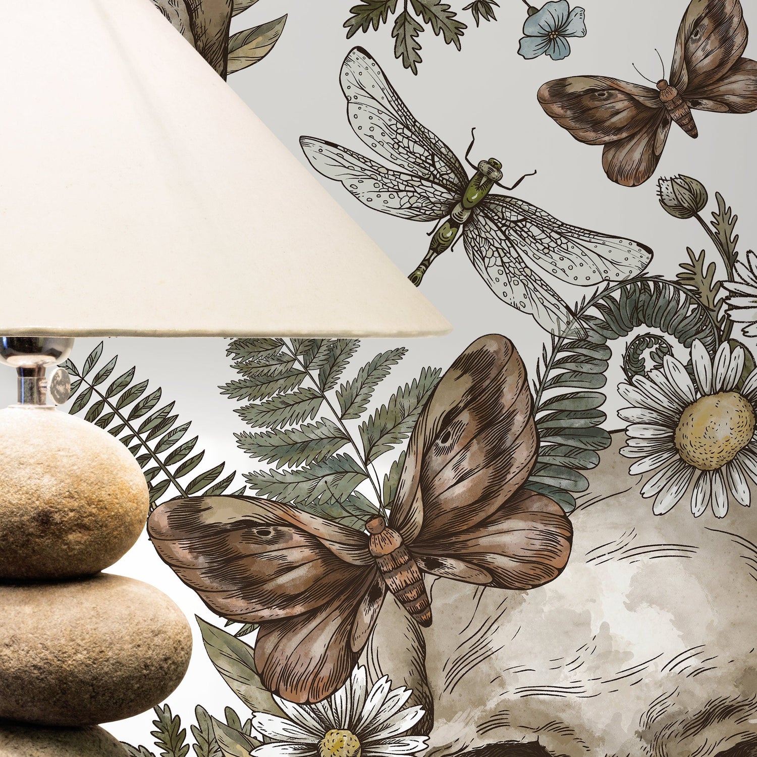 Skulls and Fern Wallpaper Vintage Floral Wallpaper Peel and Stick and Traditional Wallpaper - D828