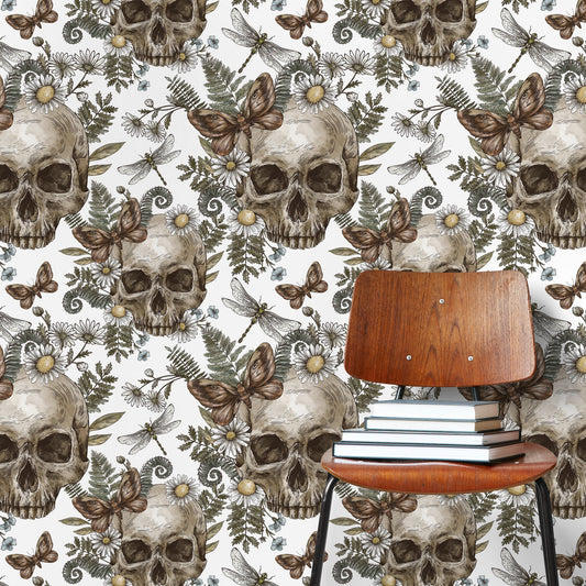 Skulls and Fern Wallpaper Vintage Floral Wallpaper Peel and Stick and Traditional Wallpaper - D828