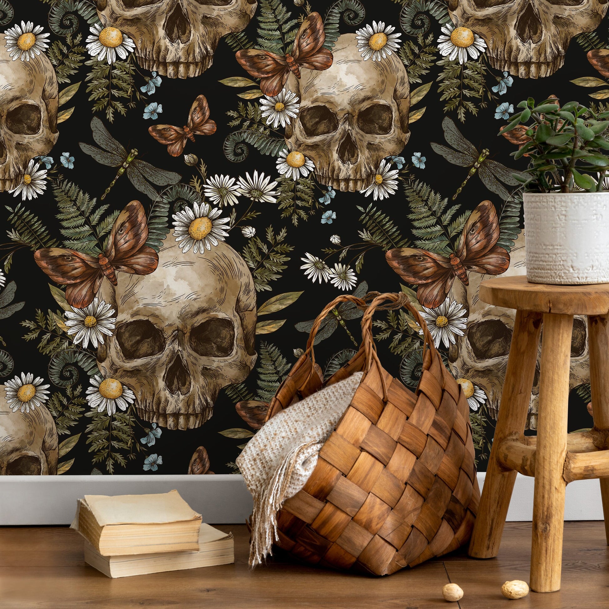 Dark Floral Wallpaper Fern and Skull Wallpaper Peel and Stick and Traditional Wallpaper - D829